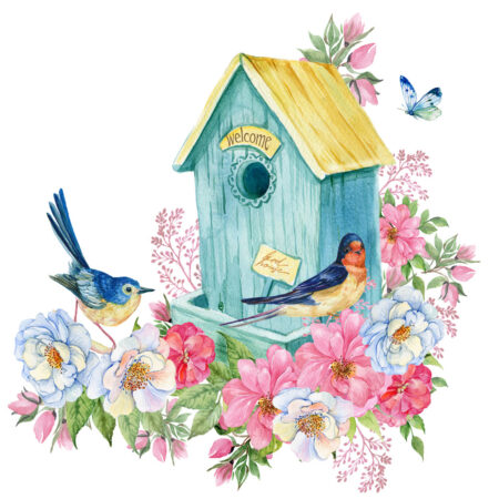 Πίνακας σε καμβά BIRD HOUSE BLUE BUTTERFLY SPRING - Πουλια Sticky 4