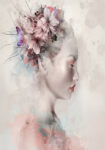 Πινακας σε καμβά WATERCOLOR PORTRAIT OF A WOMAN WITH LILIES