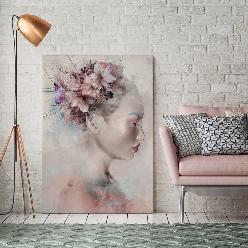 Πινακας σε καμβά WATERCOLOR PORTRAIT OF A WOMAN WITH LILIES