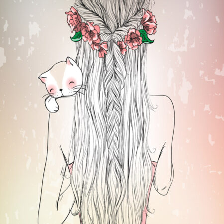 Πινακας σε καμβά HAND DRAWN LONGHAIR YOUNG GIRL WITH CAT - Πορτραιτα και Φιγουρες Sticky 4