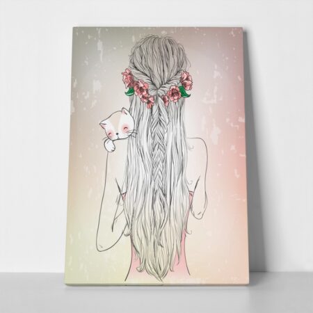 Πινακας σε καμβά HAND DRAWN LONGHAIR YOUNG GIRL WITH CAT - Πορτραιτα και Φιγουρες