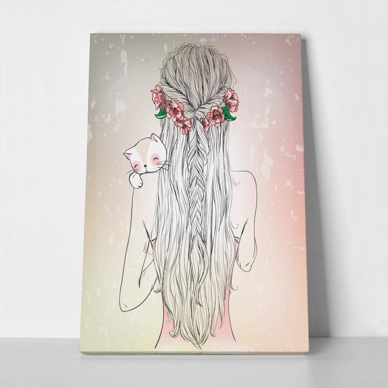 Πινακας σε καμβά HAND DRAWN LONGHAIR YOUNG GIRL WITH CAT