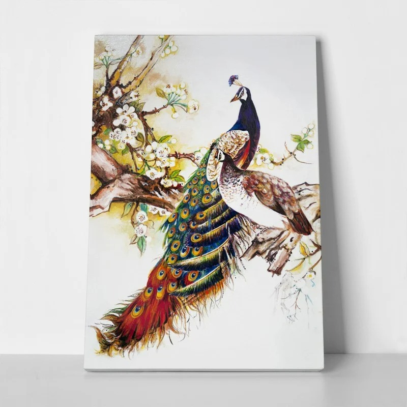 Πινακας σε καμβά PAIR OF PEACOCKS CHERRY BRANCH