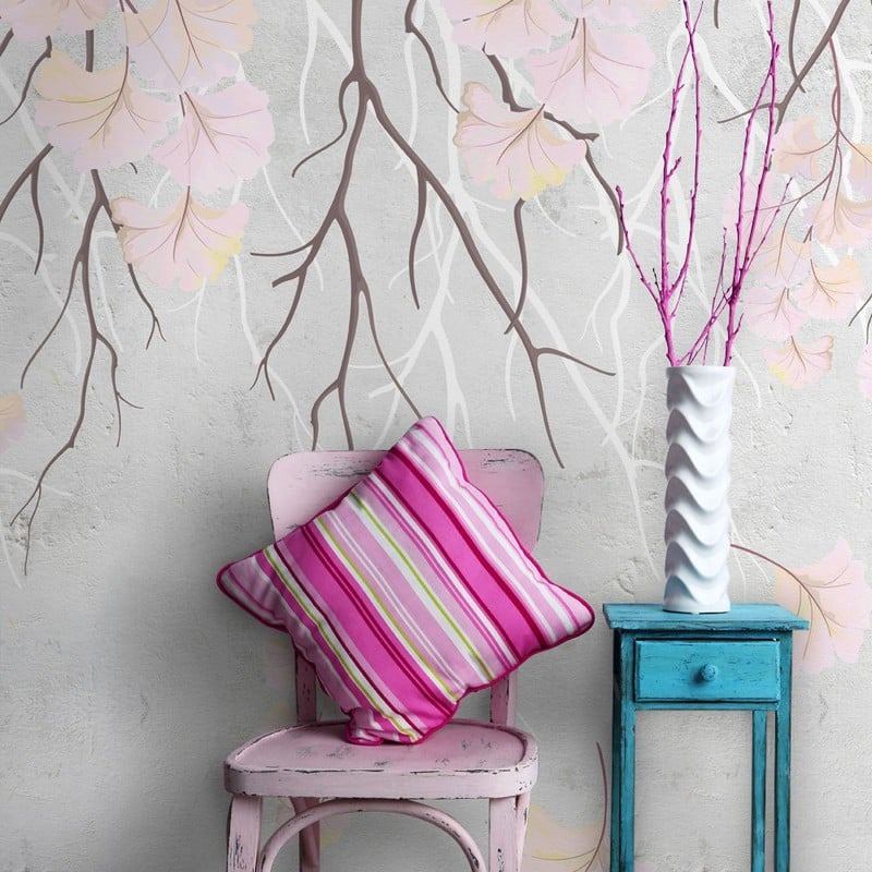 Αυτοκόλλητη Ταπετσαρία τοίχου BRANCHES WITH PINK LEAVES