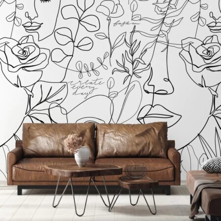 Αυτοκόλλητη Ταπετσαρία τοίχου FACE AND FLORAL LINE ART - Μοτίβα