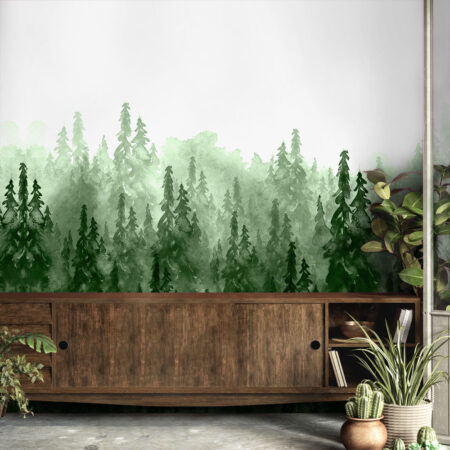 Αυτοκόλλητη Ταπετσαρία τοίχου FOGGY PINE FOREST WATERCOLOR - Τοπία
