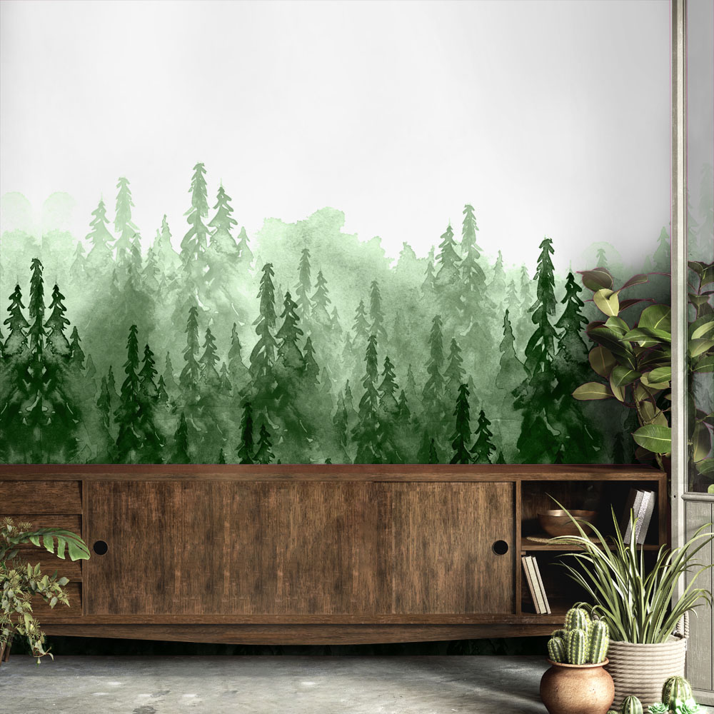 Αυτοκόλλητη Ταπετσαρία τοίχου FOGGY PINE FOREST WATERCOLOR