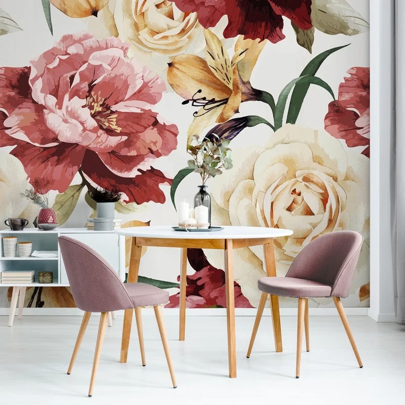 Αυτοκόλλητη Ταπετσαρία τοίχου RED AND BEIGE FLORAL WALLPAPER