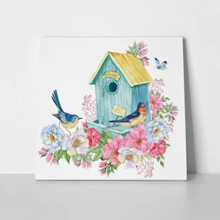 Πίνακας σε καμβά BIRD HOUSE BLUE BUTTERFLY SPRING - Πουλια