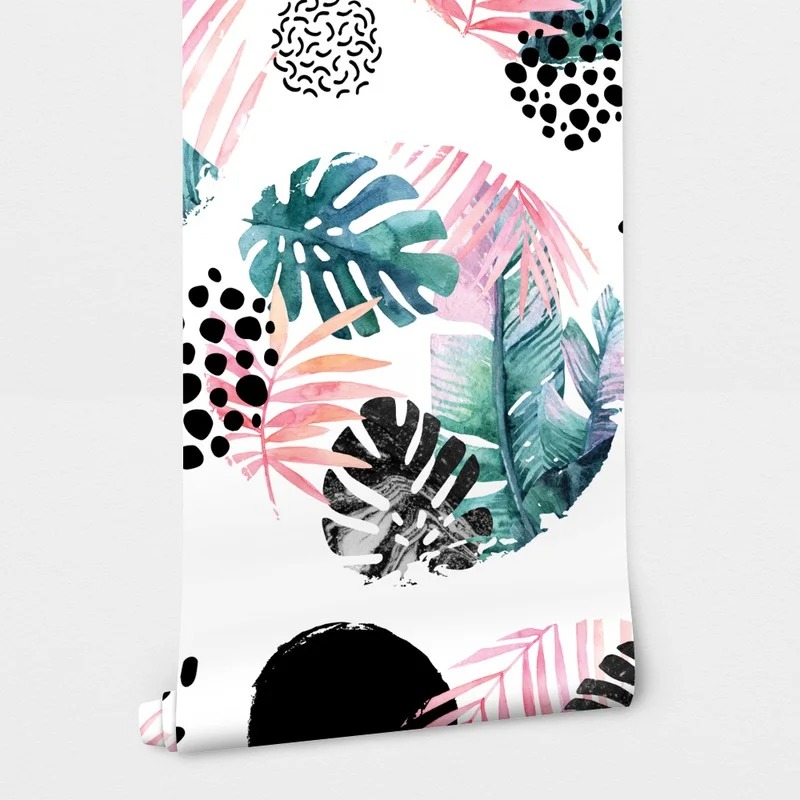 Αυτοκόλλητη Ταπετσαρία τοίχου SHAPES AND TROPICAL LEAVES WATERCOLOR