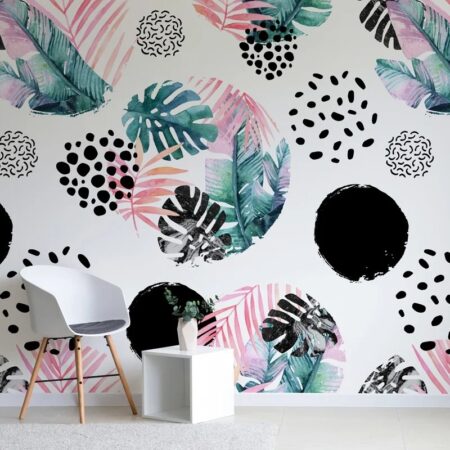 Αυτοκόλλητη Ταπετσαρία τοίχου SHAPES AND TROPICAL LEAVES WATERCOLOR - Tropical