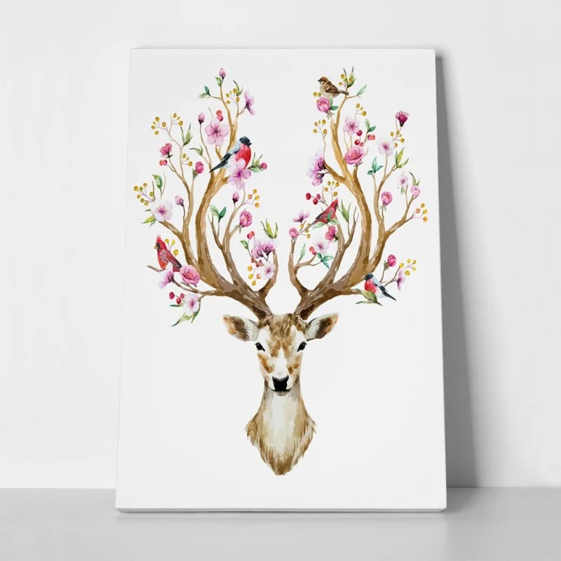 Πινακας σε καμβά WATERCOLOR ILLUSTRATION DEER FLOWERS BIRDS