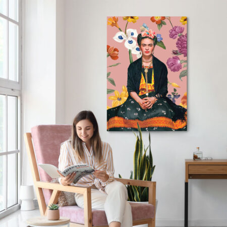 Πινακας σε καμβά FRIDA KAHLO ON PINK FLORAL