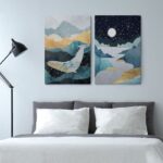 Σετ Δίπτυχος Πινακας σε καμβά ABSTRACT GOLD ILLUSTRATION WITH WHALE