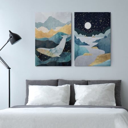Σετ Δίπτυχος Πινακας σε καμβά ABSTRACT GOLD ILLUSTRATION WITH WHALE - Αφηρημενα και Abstract