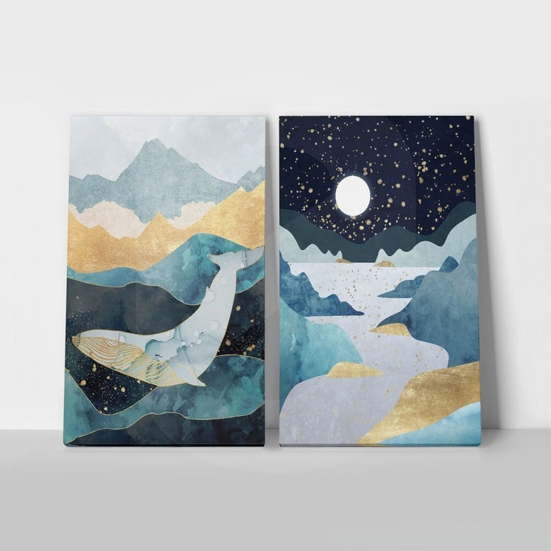 Σετ Δίπτυχος Πινακας σε καμβά ABSTRACT GOLD ILLUSTRATION WITH WHALE
