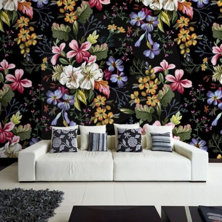 Αυτοκόλλητη Ταπετσαρία τοίχου DECORATIVE FLOWERS ON BLACK - Floral - Λουλουδια