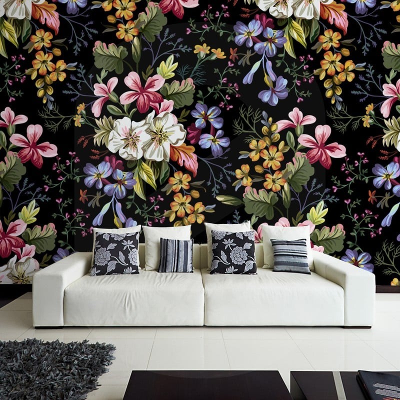 Αυτοκόλλητη Ταπετσαρία τοίχου DECORATIVE FLOWERS ON BLACK