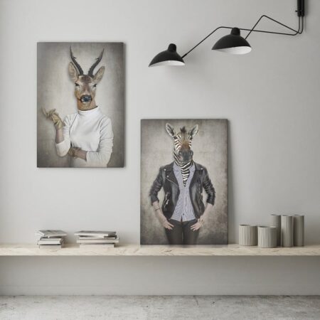 Σετ Δίπτυχος Πινακας σε καμβά DEER & ZEBRA IN CLOTHES - Μοδα και Διασκεδαση