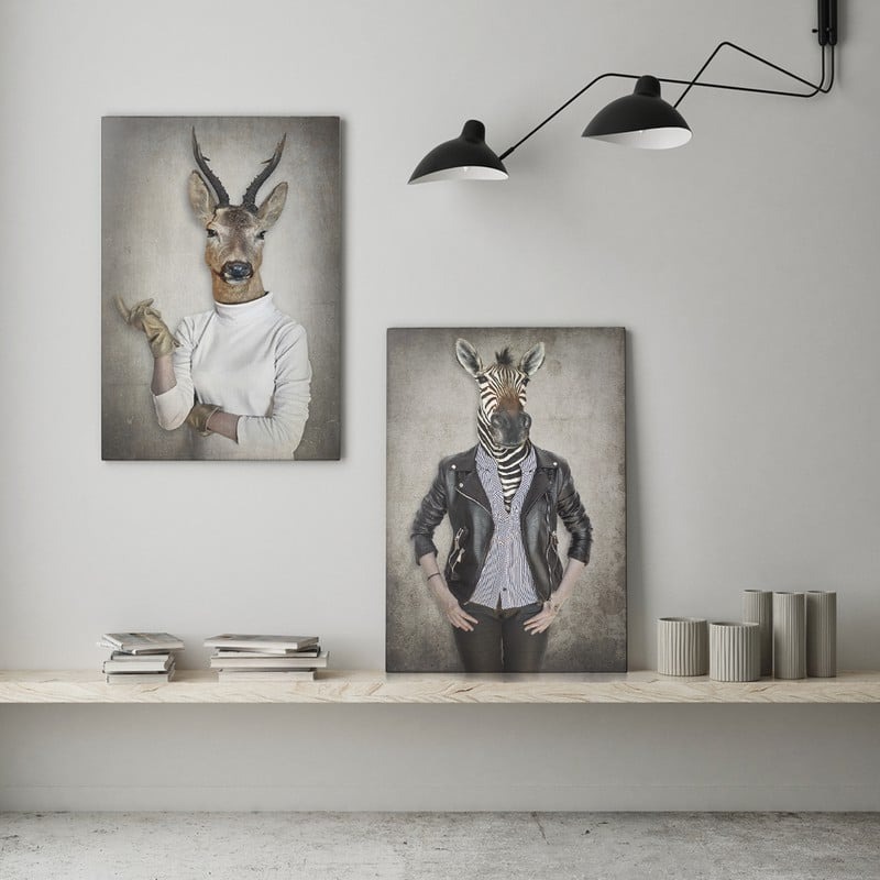 Σετ Δίπτυχος Πινακας σε καμβά DEER & ZEBRA IN CLOTHES