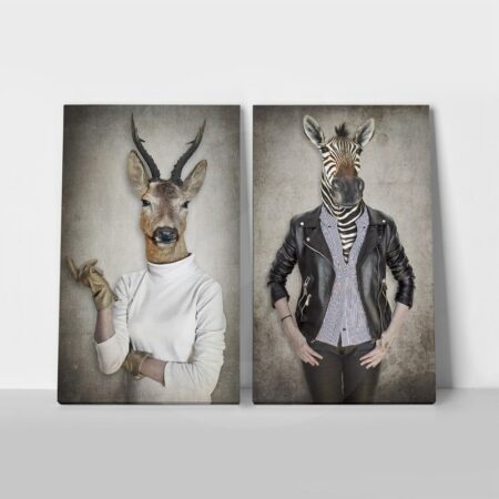 Σετ Δίπτυχος Πινακας σε καμβά DEER & ZEBRA IN CLOTHES - Μοδα και Διασκεδαση Sticky 1