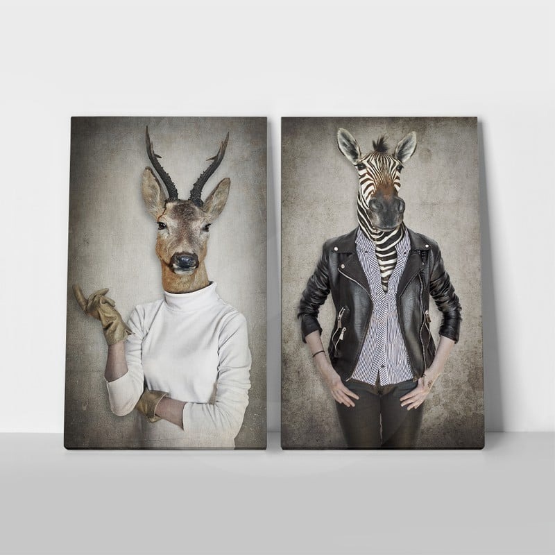 Σετ Δίπτυχος Πινακας σε καμβά DEER & ZEBRA IN CLOTHES