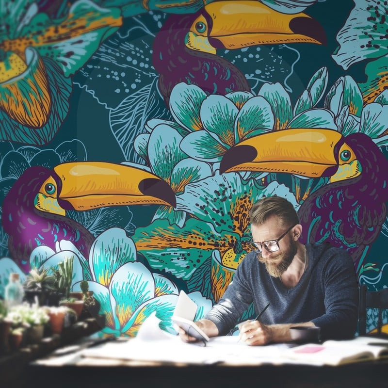 Αυτοκόλλητη Ταπετσαρία τοίχου FLOWERS AND TOUCAN