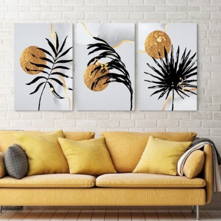 Σετ Τριπτυχος Πινακας σε καμβά GOLDEN SUN AND EXOTIC LEAVES - Botanical - Φυτα