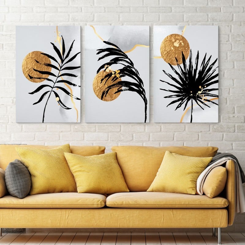 Σετ Τριπτυχος Πινακας σε καμβά GOLDEN SUN AND EXOTIC LEAVES