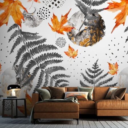 Αυτοκόλλητη Ταπετσαρία τοίχου GREY AND ORANGE WATERCOLOR AUTUMN - Floral - Λουλουδια