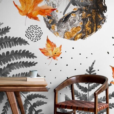 Αυτοκόλλητη Ταπετσαρία τοίχου GREY AND ORANGE WATERCOLOR AUTUMN - Floral - Λουλουδια Sticky 1