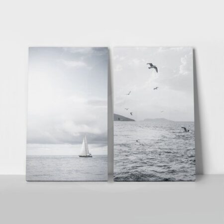 Σετ Δίπτυχος Πινακας σε καμβά SEAGULLS AND BOAT - Θαλασσα Sticky 1