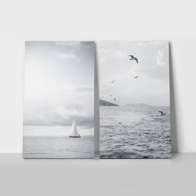 Σετ Δίπτυχος Πινακας σε καμβά SEAGULLS AND BOAT