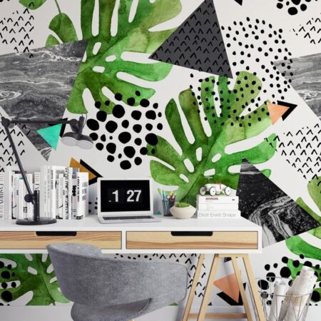 Αυτοκόλλητη Ταπετσαρία τοίχου WATERCOLOR TROPICAL LEAVES AND TRIANGLES - Tropical Sticky 1