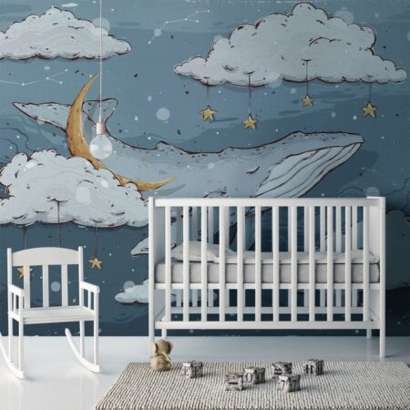 Αυτοκόλλητη Ταπετσαρία τοίχου WHALE AMONG CLOUDS AND STARS - Παιδικές Ταπετσαρίες