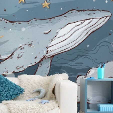 Αυτοκόλλητη Ταπετσαρία τοίχου WHALE AMONG CLOUDS AND STARS - Παιδικές Ταπετσαρίες Sticky 1