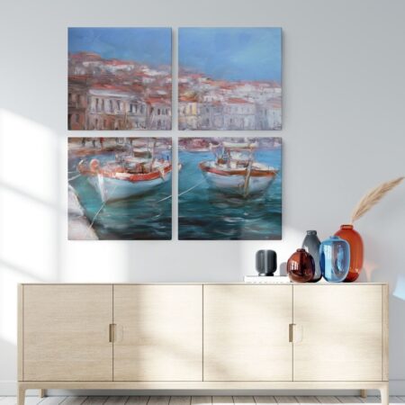 Τετράπτυχο σετ τετράγωνοι πίνακες BOATS IN HARBOR - Βαρκες και Καραβια