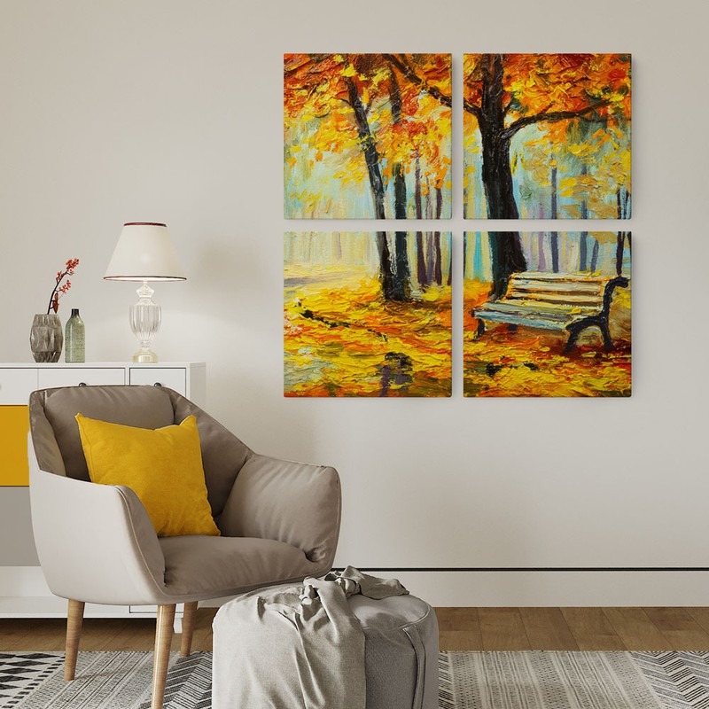 Τετράπτυχο σετ τετράγωνοι πίνακες OIL PAINTING FOREST BENCH