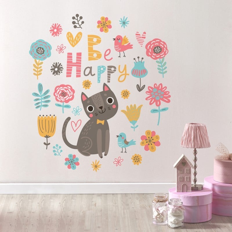 Aυτοκόλλητο τοίχου FLORAL WITH CAT AND BIRDS