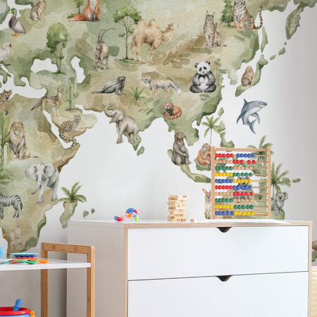 Αυτοκόλλητη Ταπετσαρία τοίχου MAP WITH ANIMALS AND NATURAL ELEMENTS - Παιδικές Ταπετσαρίες Sticky 1