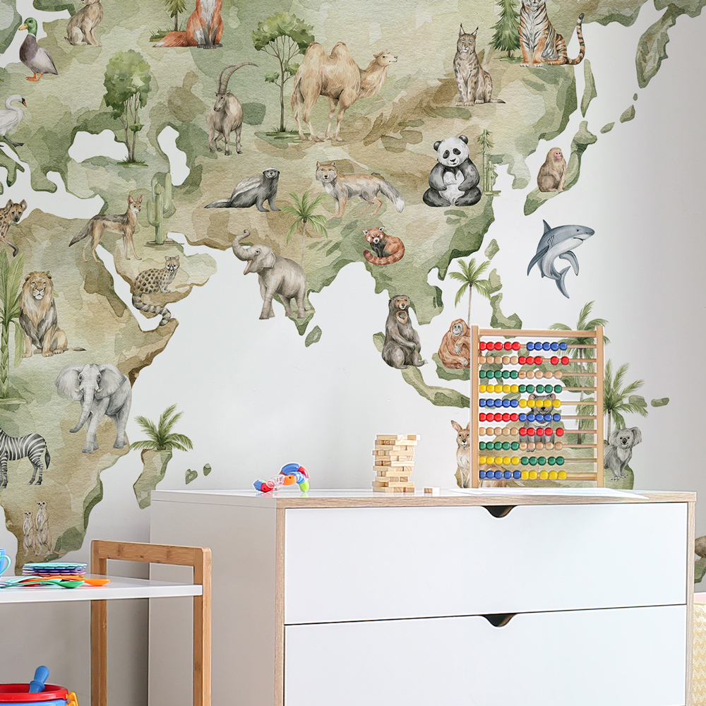Αυτοκόλλητη Ταπετσαρία τοίχου MAP WITH ANIMALS AND NATURAL ELEMENTS
