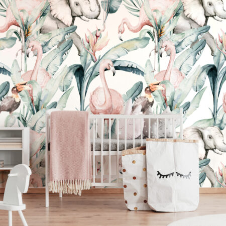 Αυτοκόλλητη Ταπετσαρία τοίχου TROPICAL FLAMINGO AND ELEPHANT - Tropical