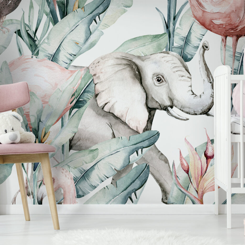 Αυτοκόλλητη Ταπετσαρία τοίχου TROPICAL FLAMINGO AND ELEPHANT