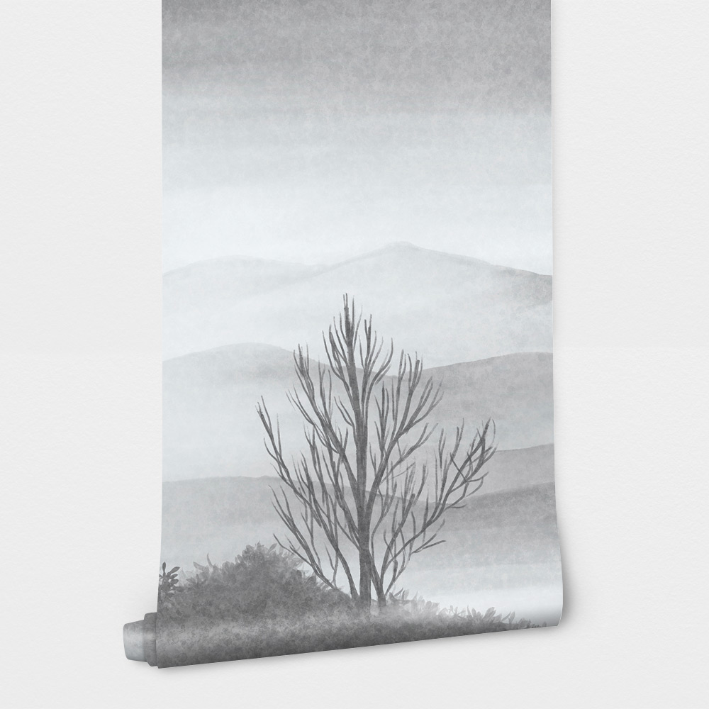 Αυτοκόλλητη Ταπετσαρία τοίχου MOUNTAINS AND TREE IN THE FOG
