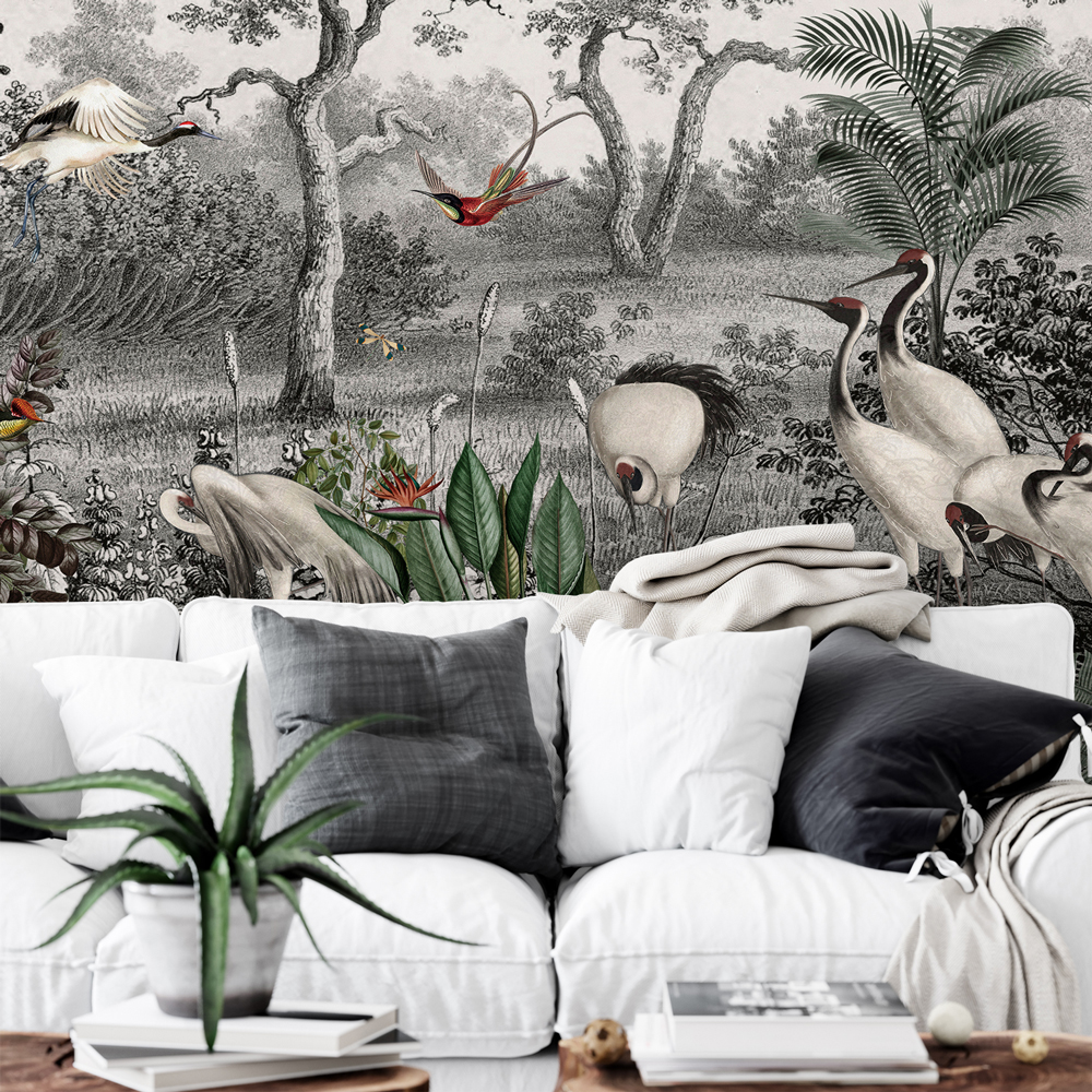 Αυτοκόλλητη Ταπετσαρία τοίχου CRANES IN FOREST PAINTING