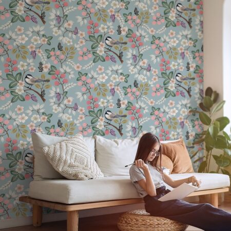 Αυτοκόλλητη Ταπετσαρία τοίχου FLORAL PATTERN WITH CUTE BIRDS - Floral - Λουλουδια
