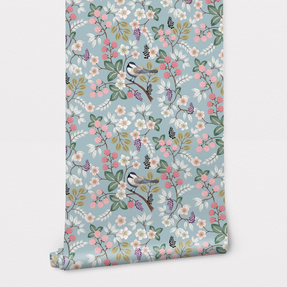 Αυτοκόλλητη Ταπετσαρία τοίχου FLORAL PATTERN WITH CUTE BIRDS