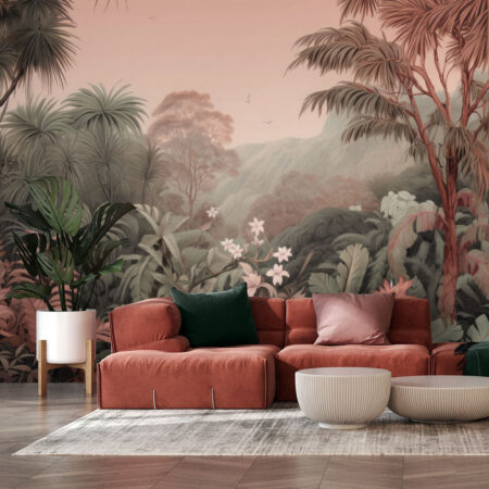 Αυτοκόλλητη Ταπετσαρία τοίχου VINTAGE PINK AND GREEN FOREST - Tropical