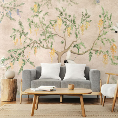 Αυτοκόλλητη Ταπετσαρία τοίχου FLOWERING TREE WITH CRANES - Tropical
