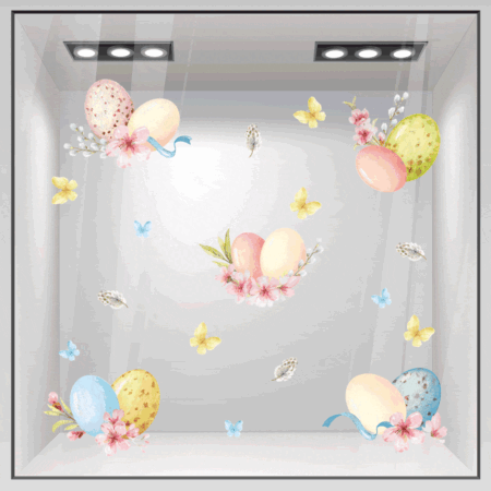 Αυτοκόλλητο Βιτρίνας WATERCOLOR EASTER EGGS AND FLOWERS - Πασχαλινή βιτρίνα